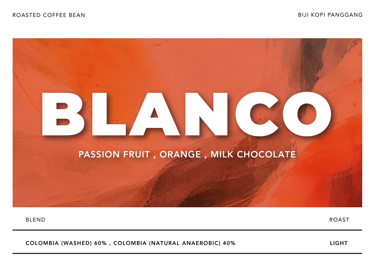 A coffee label or packaging panel for a roasted coffee bean blend. The design features a large orange-red abstract background with the word 'BLANCO' in bold white letters, and smaller text reading 'PASSION FRUIT, ORANGE, MILK CHOCOLATE' and 'ROASTED COFFEE BEAN' at the top.
