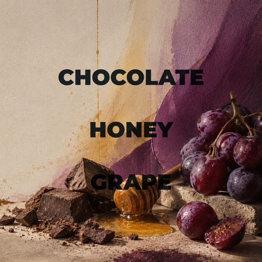 Chocolate honey grape flavor graphic with text overlay, featuring dark chocolate chunks, a honey dipper, and fresh purple grapes on a textured beige and purple background.
