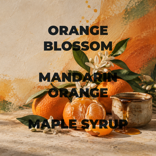 Orange blossom and mandarin orange maple syrup with a rustic ceramic pitcher, set against a textured beige and orange background with bold black text listing the flavor options.