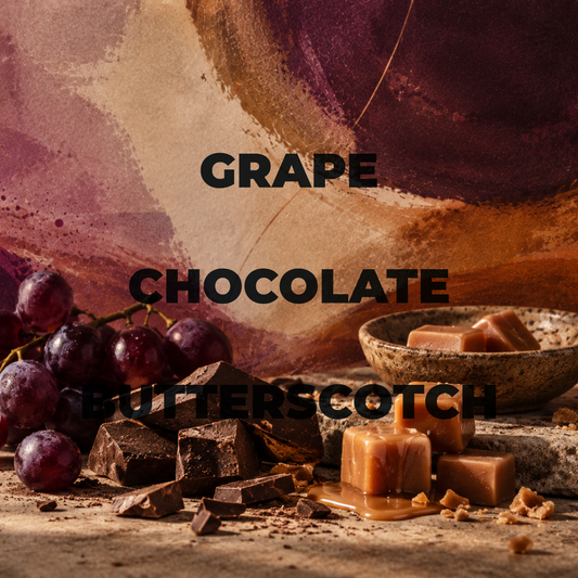 Grape chocolate butterscotch flavoring ingredients arranged on a rustic surface, including dark chocolate chunks, caramel-colored butterscotch pieces, grapes, and a small bowl, with large overlaid text reading 'GRAPE CHOCOLATE BUTTERSCOTCH' on a painterly brown and burgundy background.