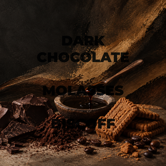 Dark chocolate molasses with a wooden spoon, chocolate chunks, cocoa powder, cookies, and coffee beans arranged on a rustic surface with bold text reading 'DARK CHOCOLATE MOLASSES BIG OFF'.