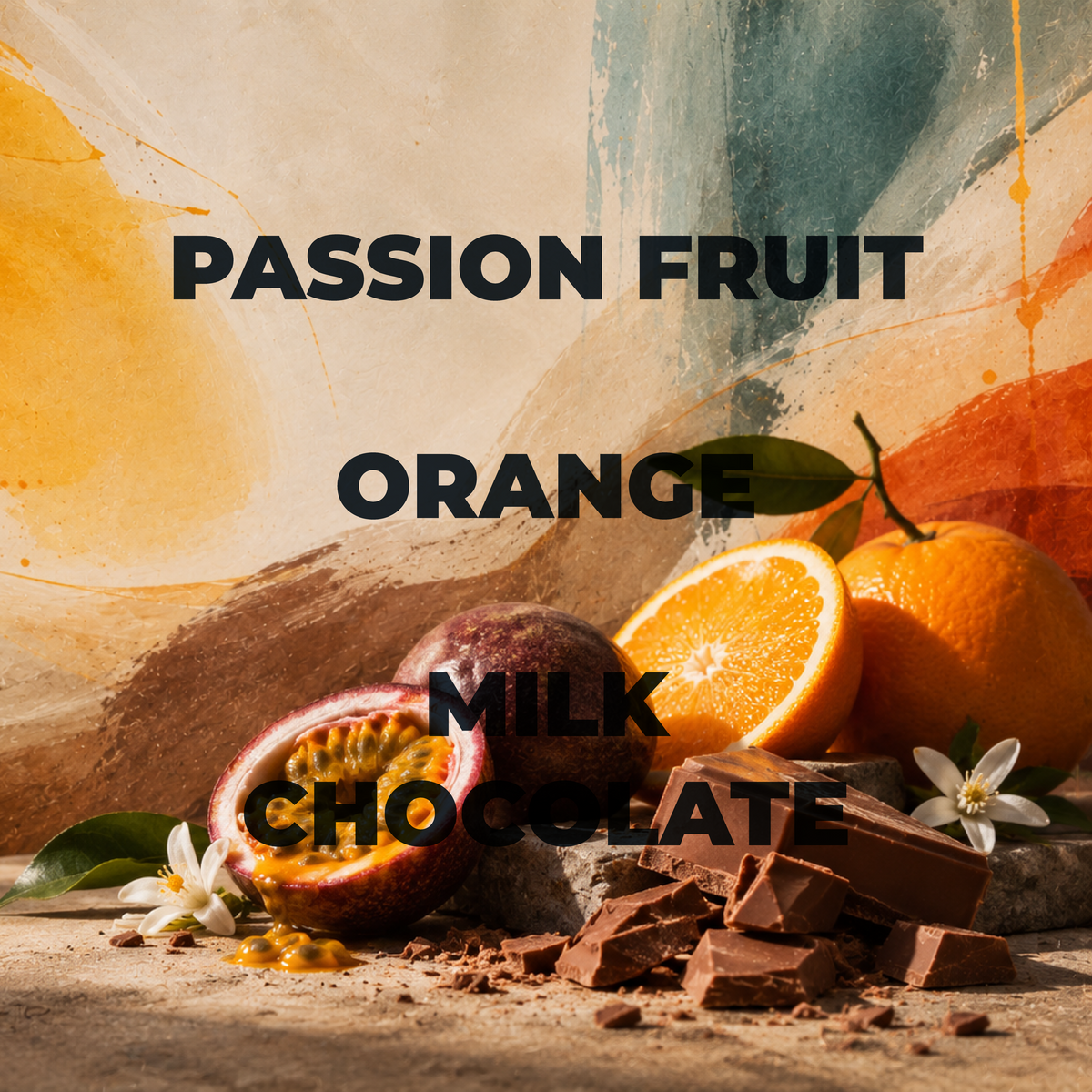 A styled product graphic for a chocolate flavor. The words 'PASSION FRUIT ORANGE MILK CHOCOLATE' are printed in large black text over a composition of milk chocolate chunks, sliced chocolate, orange halves, a whole orange, a halved passion fruit, cocoa powder, and small white flowers against an abstract painted background.