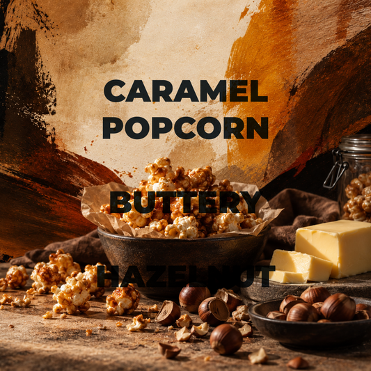 Caramel popcorn butterscot Hazelnut flavor, shown in a rustic bowl with butter, hazelnuts, and scattered popcorn on a wooden surface against a textured brown and orange background.