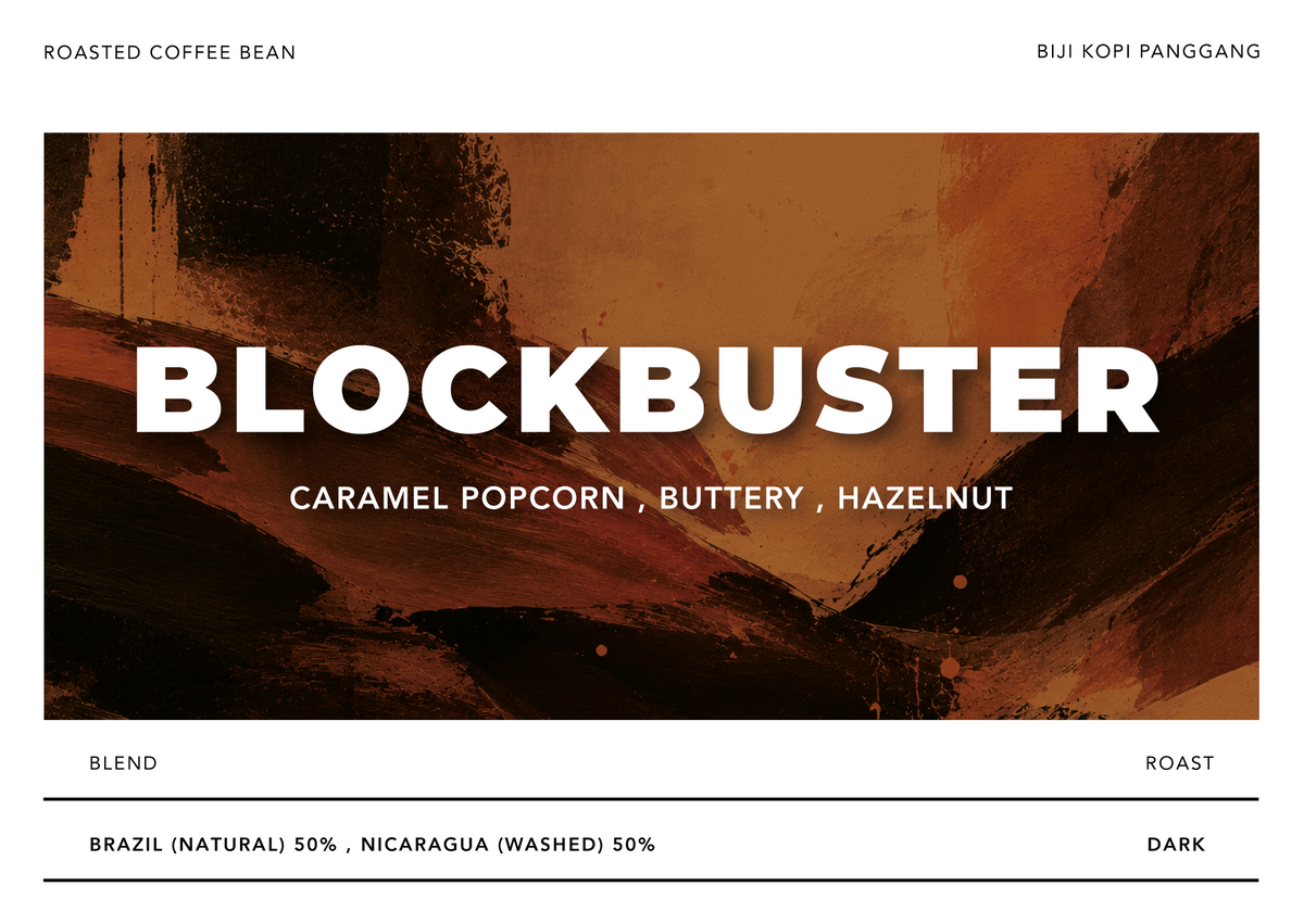 A coffee label or packaging panel for Blockbuster roast coffee beans, with large white text over an abstract brown and orange background. Smaller text reads 'ROASTED COFFEE BEAN', 'BIJI KOPI PANGGANG', 'BLEND', 'ROAST', and 'BRAZIL (NATURAL) 50% .