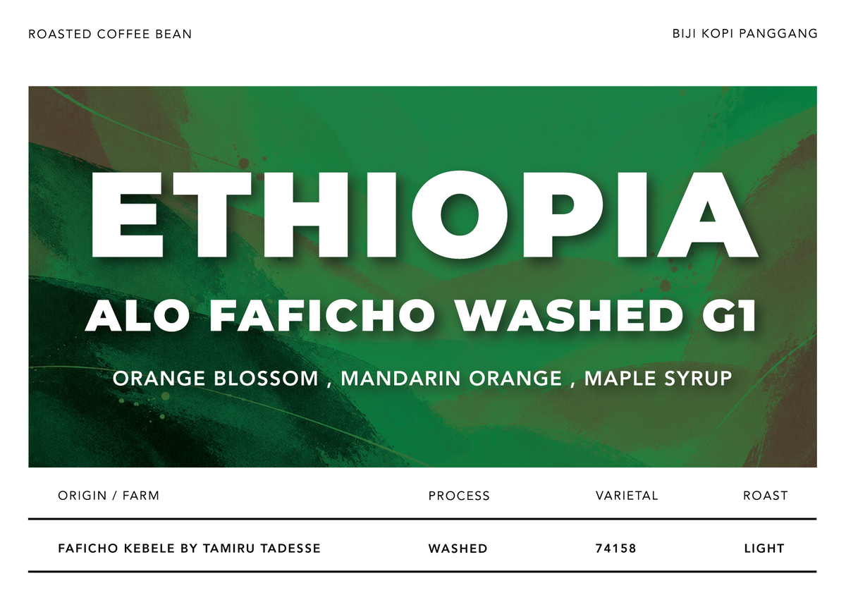 Coffee label design for Ethiopia ALO Faficho Washed G1, featuring a green abstract background with bold white text and smaller details about flavor notes and roasting information.