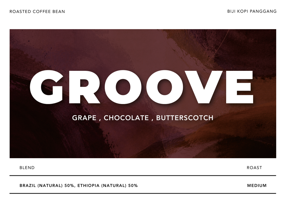 Coffee label design for 'Groove' roast coffee bean by Biji Kopi Panggang, featuring a dark brown and burgundy abstract background with bold white typography.